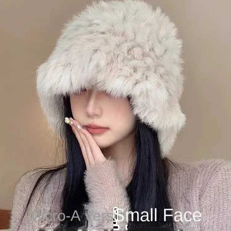 Autumn and Winter Warm Real Rabbit Fur White P Hat Fem Face Small Ear Protection Cloud Hat Fur Knitted Hat Y250920
