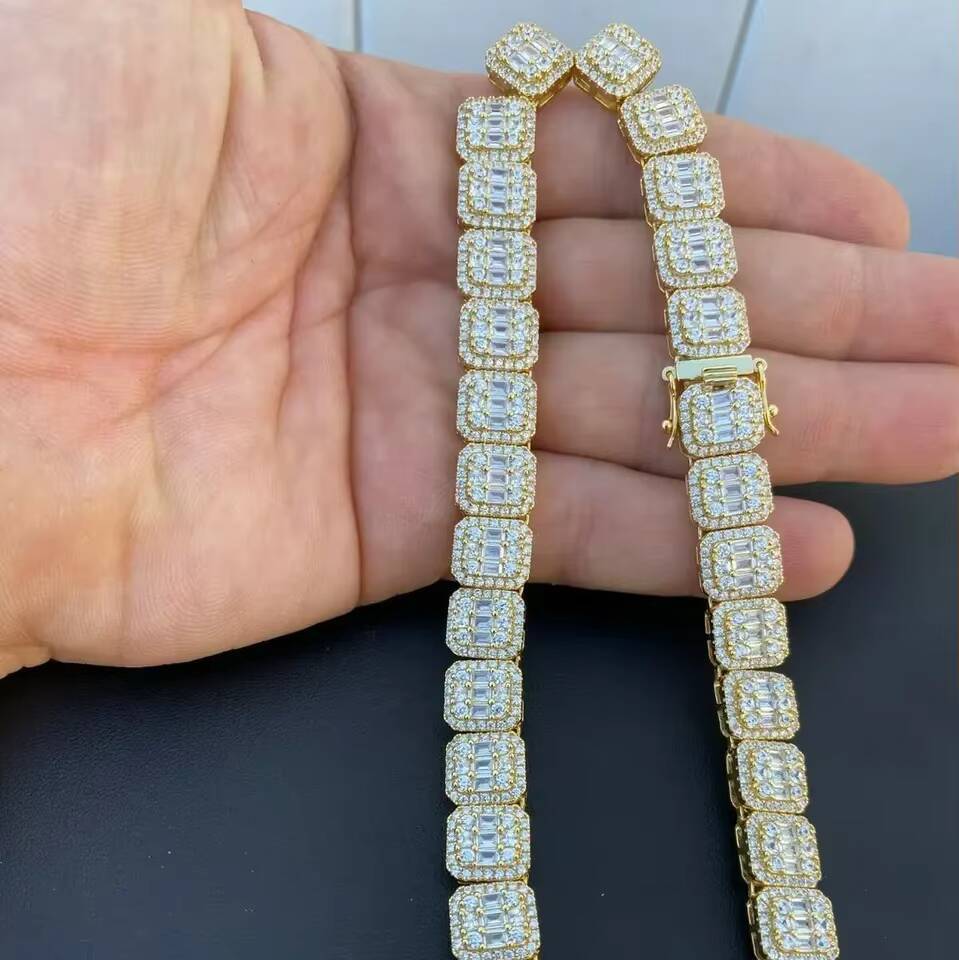 Fine Jewelry Necklace 12mm High Quality Sterling Silver Full Iced Baguette Mens Hip Hop Moissanite Tennis Chain Necklace