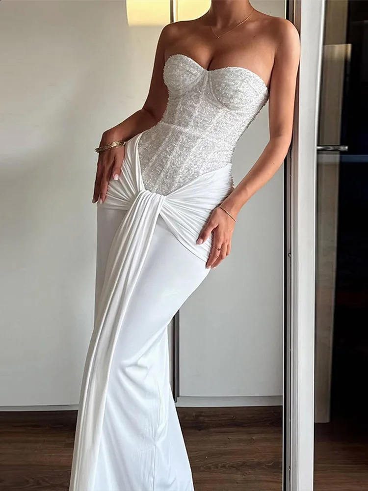 Elegant Sequin Bustier Dress Sexy Strapless Corset Top Draped Satin Lace Up Bodycon Maxi Dresses Evening Party Shining Robe 250920