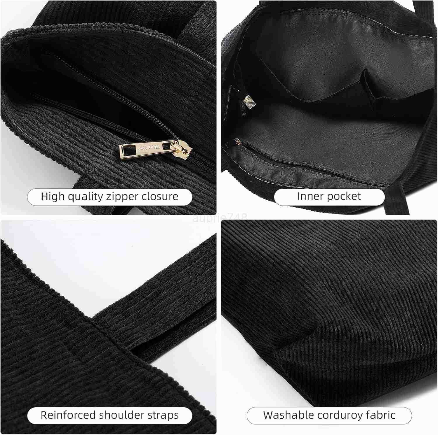 WantGor Women Corduroy Tote Bag Large Shoulder Casual Zipper Handbags Work Travel Shopping Bag with PocketsZ250920