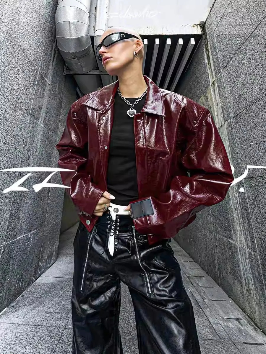 Lautaro Autumn Cool Short Oversized Pu Leather Jacket Women Shoulder Pads Zippper High Quality American Retro Punk Style Clothes 260618CJ - view 5