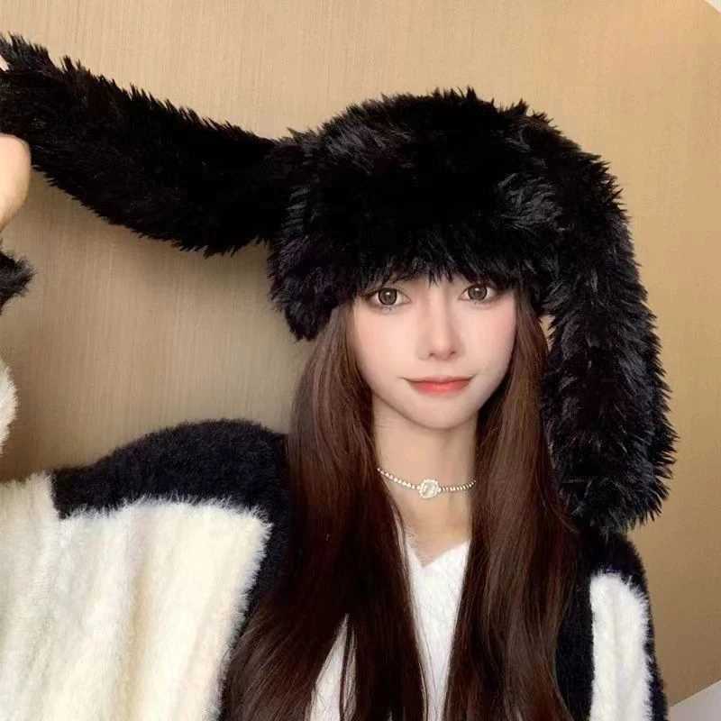 Long Ear Rabbit Wen Pr C Cute Solid Girl P Beanie Winter Warm gear Bonnet Korean Fluffy Fur Knitted Hat Y250920