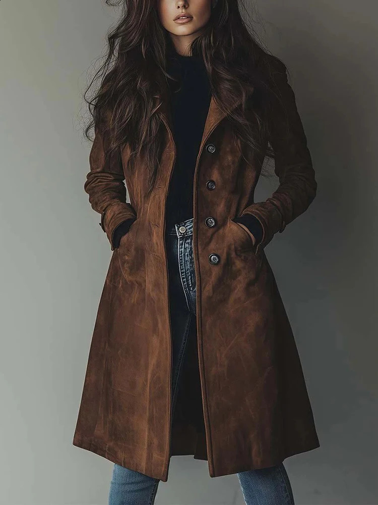Elegant Suede Long Trench Women Coat Vintage Pocket Single Breasted Sleeve Outerwear Windbreaker Fall Outdoor Female Jacket 250920