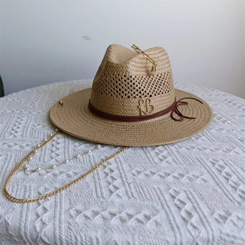 7cm straw hat Panama hollow pearl tassel series summer womens hat beach hat ladies summer trend Panama straw hat 250919