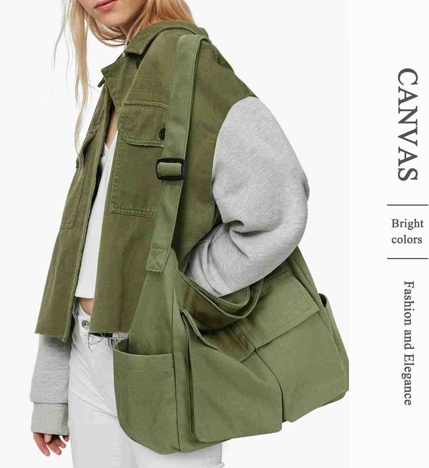 Canvas Messenger Bag Hobo Shoulder Bag Crossbody Bag with Multiple Pockets Large Tote Bag Handbag for Women MenZ250920