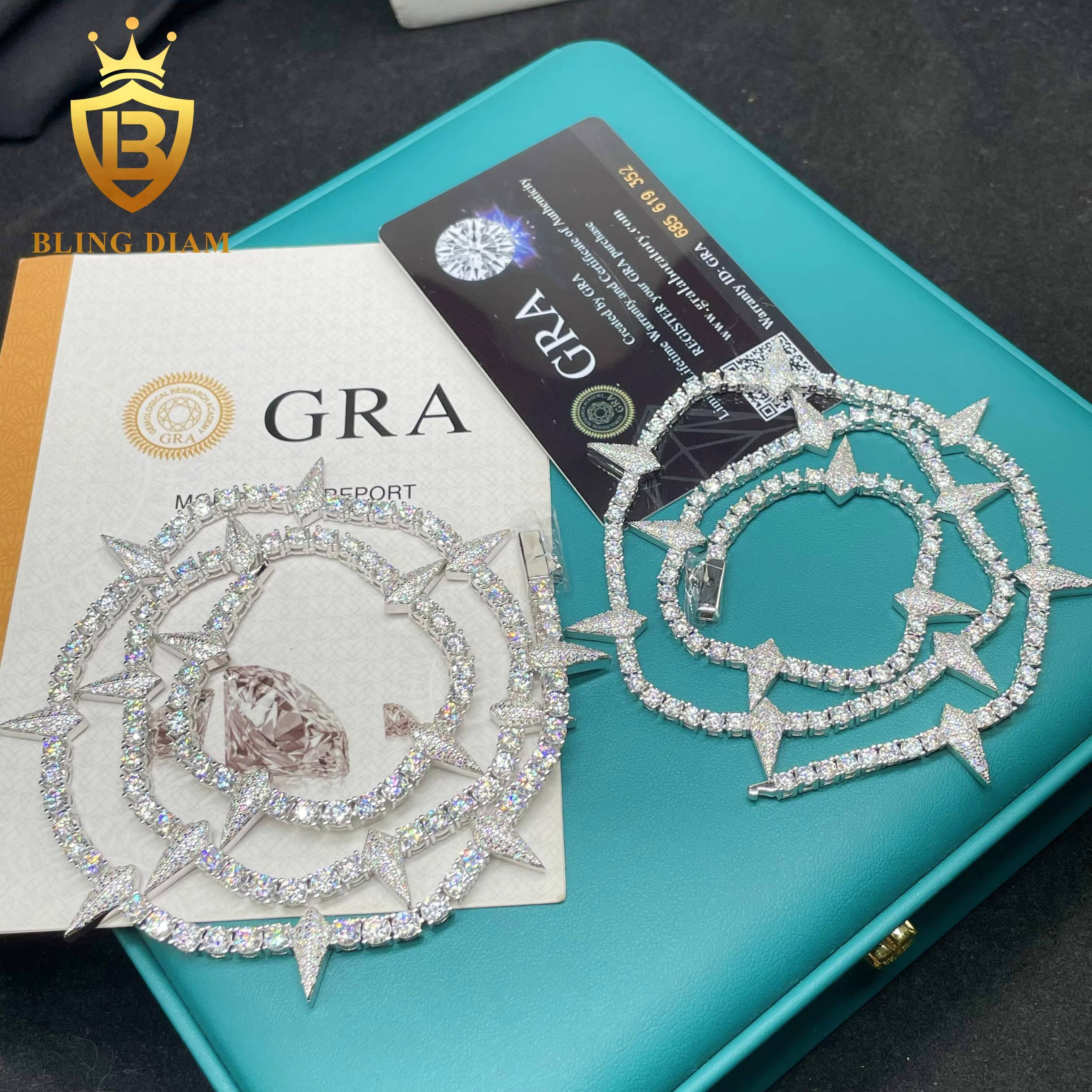 New Arrival Iced Out Jewelry 3MM 4MM Tennis Chain 925 Silver Thorny Style Moissanite Diamond Tennis Necklace GRA Certificate