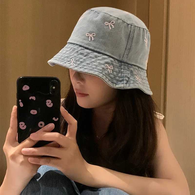 New Summer Embroidery Tie ed Denim Hat For Wen Autumn Fisherman Hat Beachside Sunshade C Fem Gift Y250920