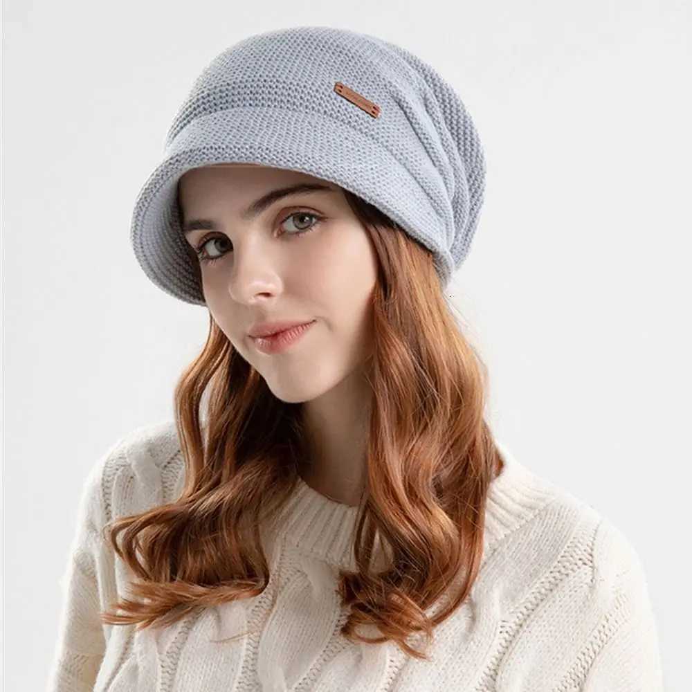 Autumn Winter Soft P Knitted Hat Wen Girl Warm Thicke Fleece Li Beanies Short Brim Casual Outdoor Windproof Bonnet Y250920