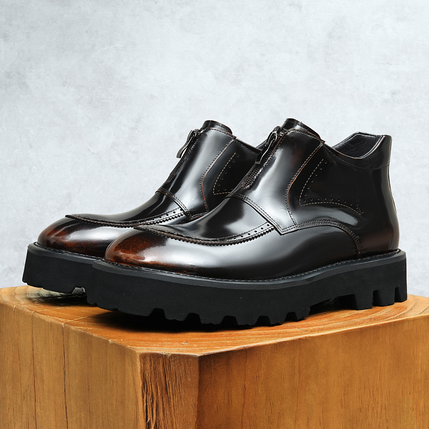 High Top Mens Full Grain Leather Work Boots - Smooth Shine Design & Durable Construction for Everyday Wear