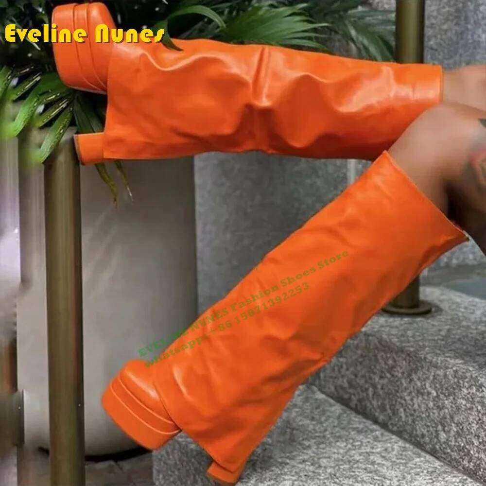 Wide Fit Overlay Chunky Heel Women Knee High Boots 2024 Winter Shoe Square Toe Solid Plus Size Pink Pull On Fashion Sexy Booties