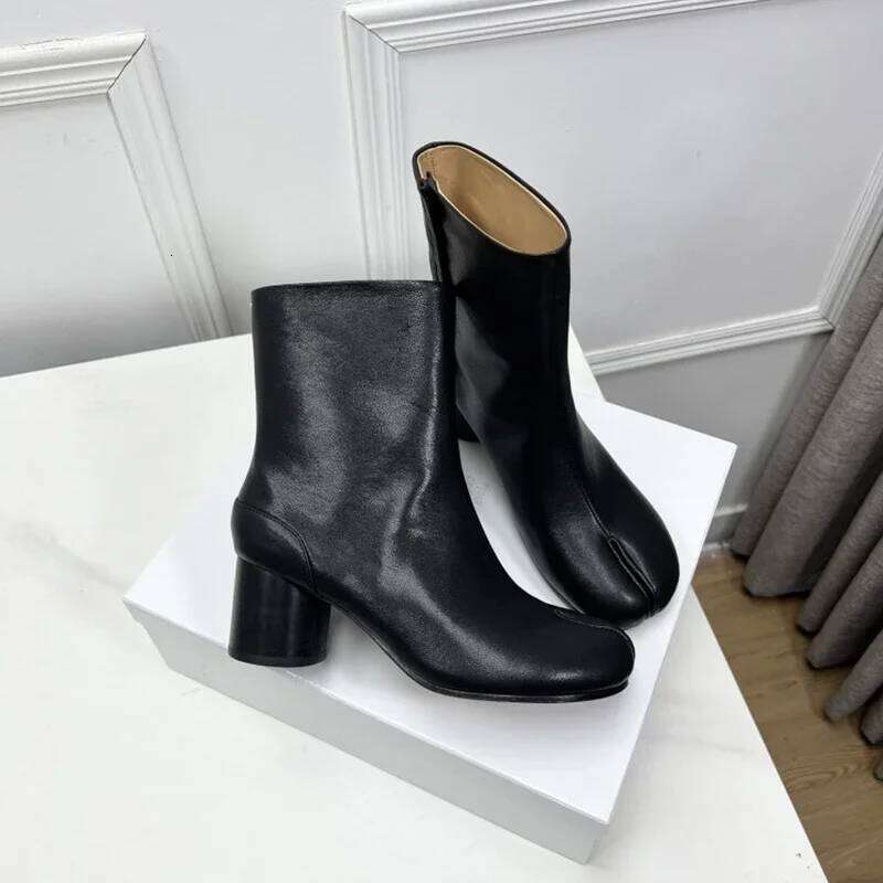 Split Toe Boot Tabi High Top Leather Boots Horseshoe 3/6/8 Cm Heels Women's Thick Soled Shoes