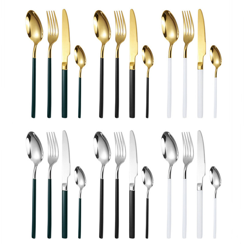 Silver Gold Flatware Set Stainless Steel Cutlery Handle White Black Green Tableware