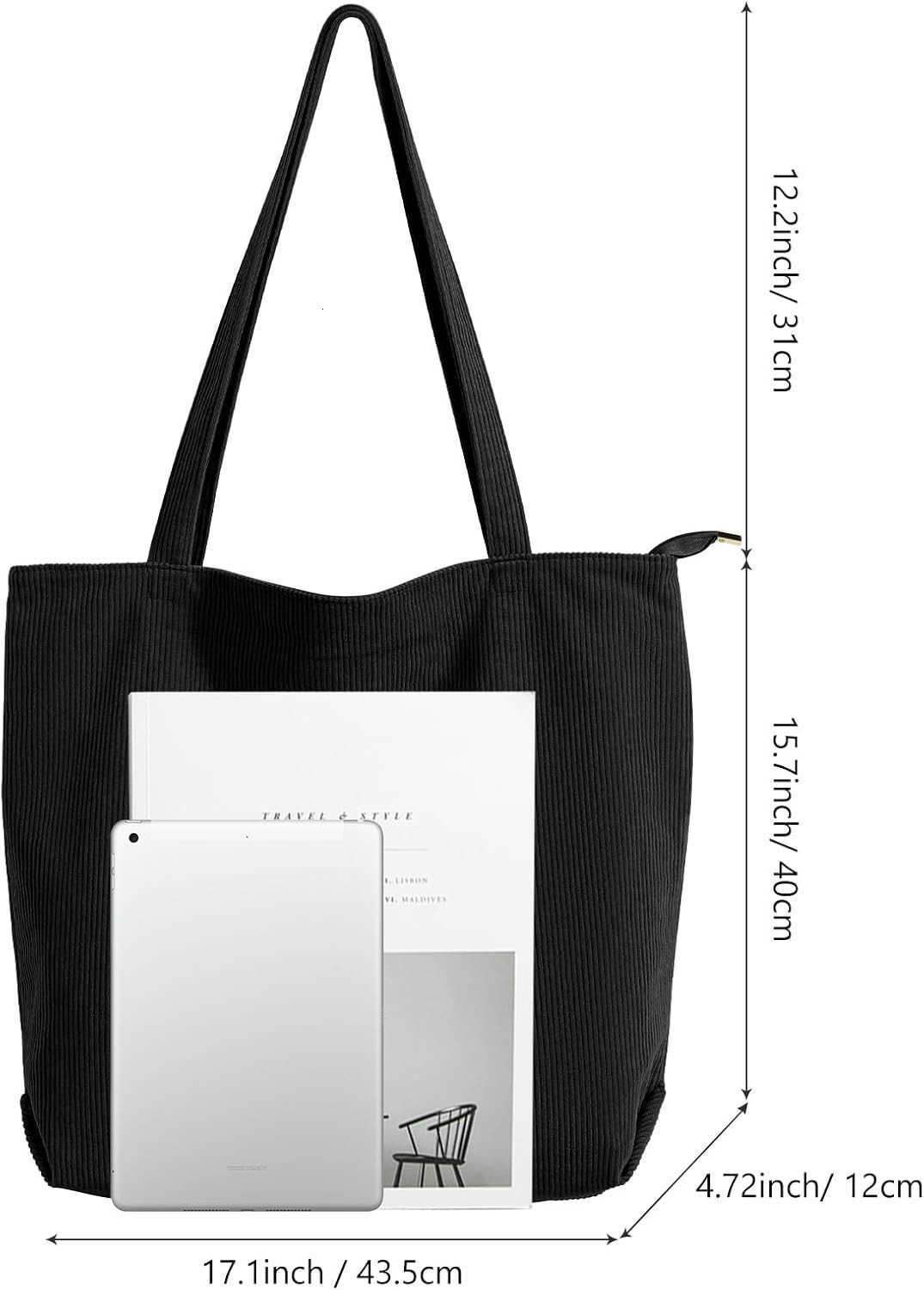 WantGor Women Corduroy Tote Bag Large Shoulder Casual Zipper Handbags Work Travel Shopping Bag with PocketsZ250920