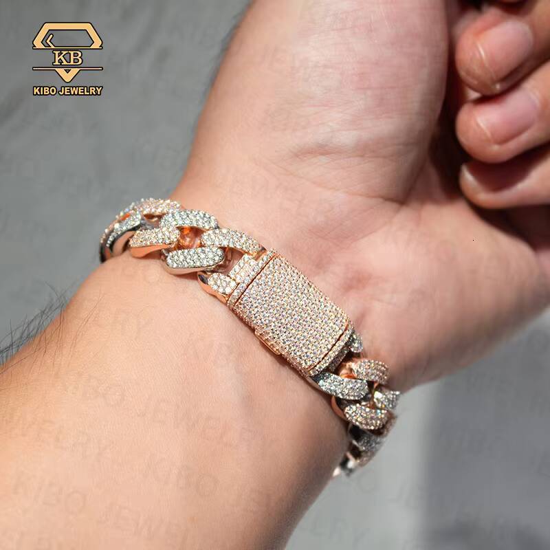 Two Tone 14K Rose Gold White Gold Plated Silver 925 Moissanite Diamond Hip Hop 14MM Cuban Bracelet Customized Trend Moissanite Jewelry