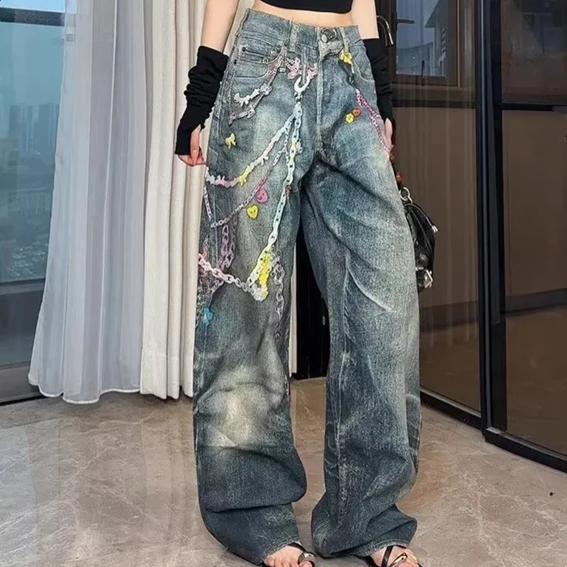 Hiphop Chain Print Jeans Women American Vintage High Street Punk Denim Pants Jazz Inspired Loose Harajuku Y2K Lazy Trousers 250920
