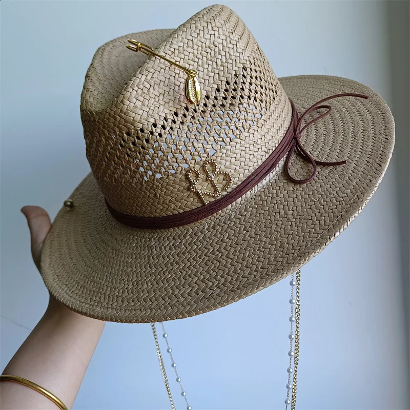 7cm straw hat Panama hollow pearl tassel series summer womens hat beach hat ladies summer trend Panama straw hat 250919