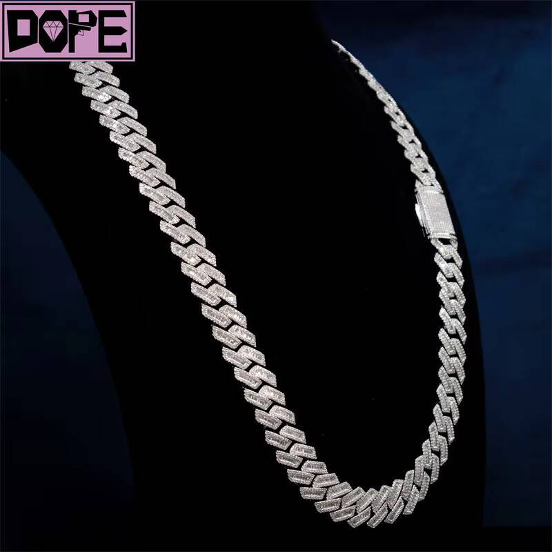Hip Hop Cuban Link Chain 925 Sterling Silver 15mm Baguette Diamond Iced Out Moissanite Cuban Chain