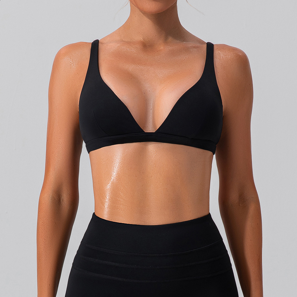 Sports Bra for Women Sexy Deep V-Neck Triangle Bra Yoga Top Buttery Soft Open Back Padded Fitness Gym Crop Top 241031