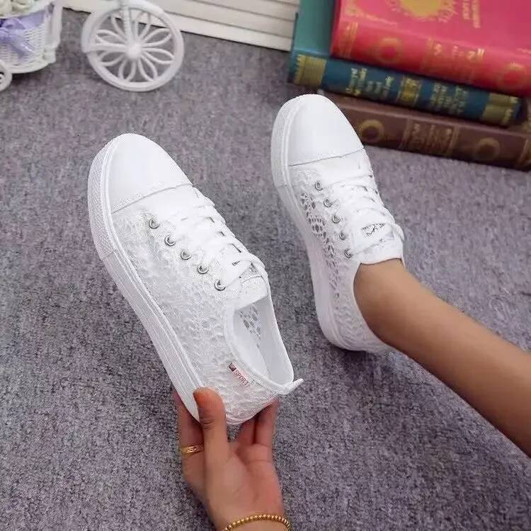 Women 2023 Fashion Summer Casual White Cutouts Lace Hollow Breathable Platform Flat Shoes Woman Sneakers ddmypanda