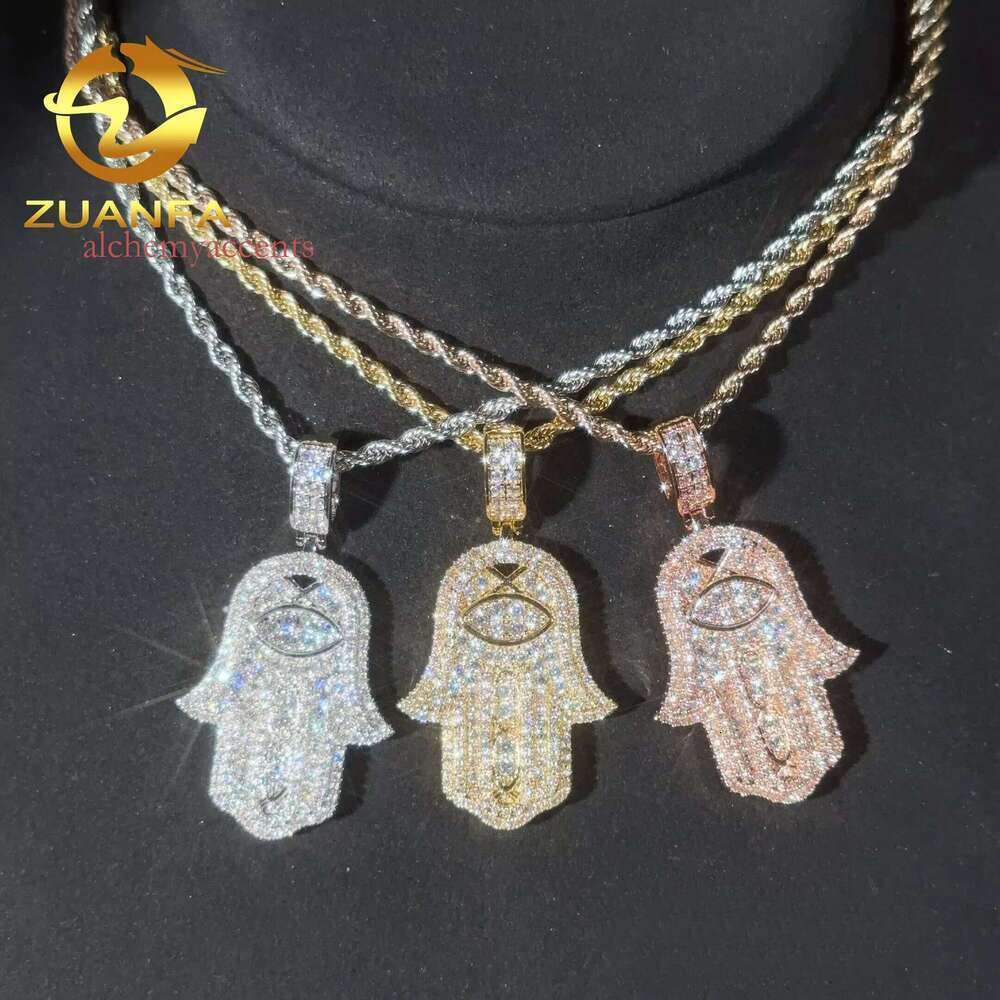 Ready to Ship Hip Hop Jewelry Hamsa Iced Out Sterling Sier Moissanite Pendant With Rope Chain for Men