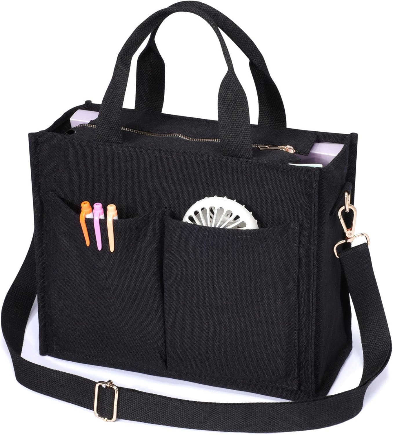Fcolor College Tote Bag for Women Crossbody Canvas Tote Bag with Zipper 7 Pocket for Work College Teacher Nurse GiftZ250920