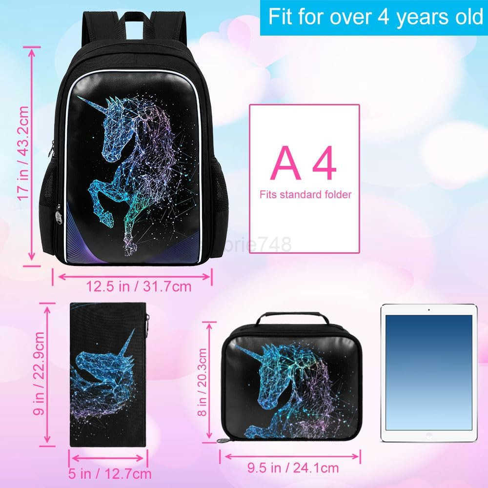 3PCS Unicorn Backpack 17 girls Bookbag with Lunch Box Water Resistant Middle Elementary School Bag for PrechoolZ250920