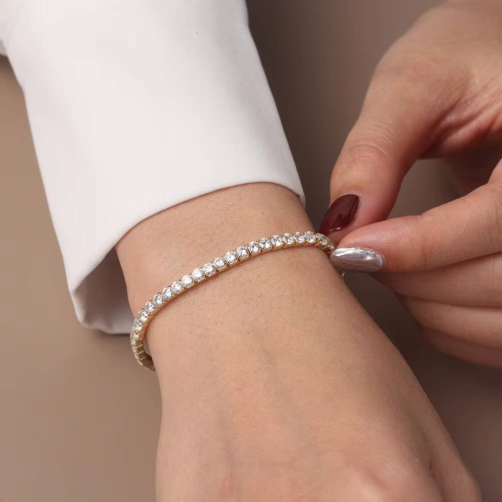RINNTIN SB217 Rhodium Plated 925 Sterling Silver 3mm Moissaniteia Stretchy Chain Bracelet for Women Tennis Bracelet Jewelry