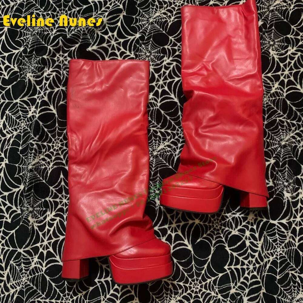 Wide Fit Overlay Chunky Heel Women Knee High Boots 2024 Winter Shoe Square Toe Solid Plus Size Pink Pull On Fashion Sexy Booties