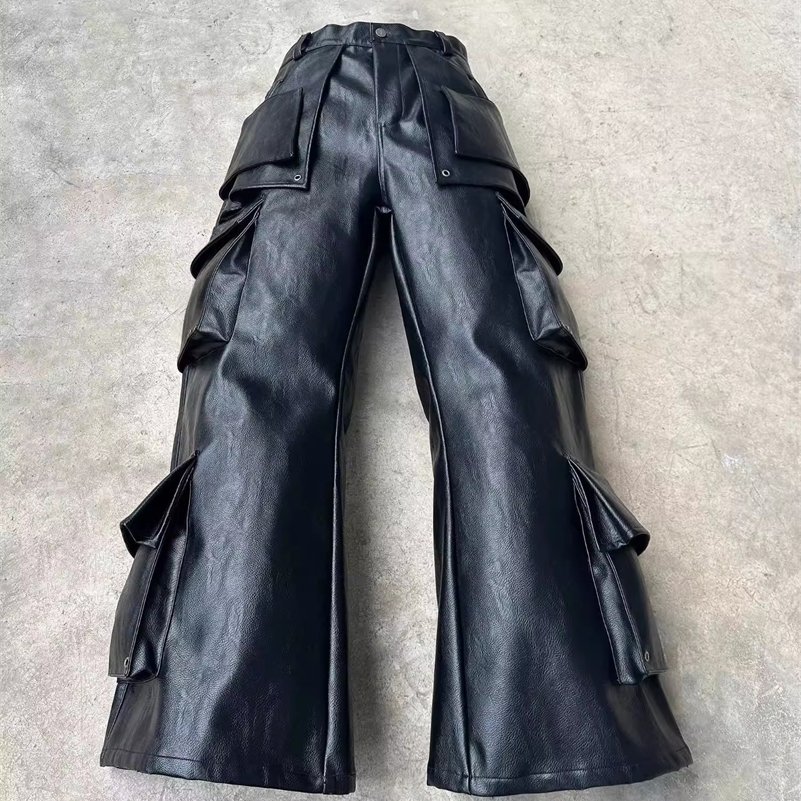 Mauroicardi Spring Cool Long Baggy Black Pu Leather Wide Leg Cargo Pants Men with Many Pockets Mens Clothes Streetwear y250919