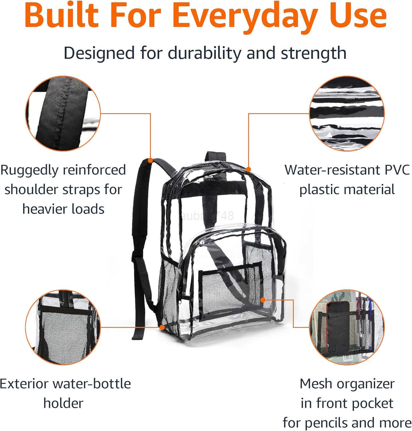 Basics Transparent School Backpack With WaterResistant PVC Plastic Material and Ruggedly Reinforced Shoulder Straps ClearZ250920