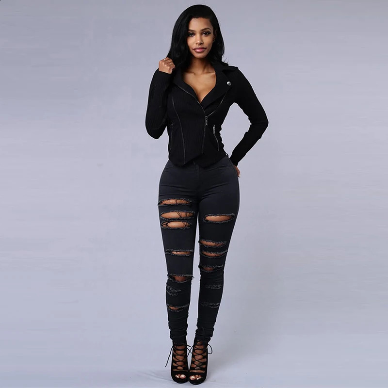 Sexy High Waist Ripped Womens Skinny Jeans Black White Hole Hip Package Bodycon Stretch Denim Pants Female Trendy Streetwear 250920 - view 5