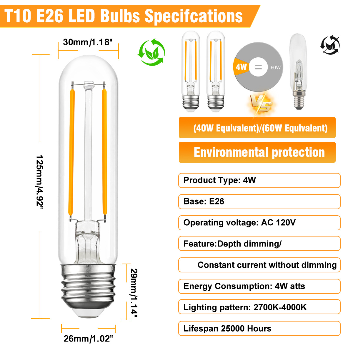 T10 E26 LED Bulbs 4W Dimmable, 40W/60W Equivalent Glass Light Bulbs for Indoor Outdoor String Lights, 2700K-4000K Warm White, 25000 Hours Lifespan-HCP