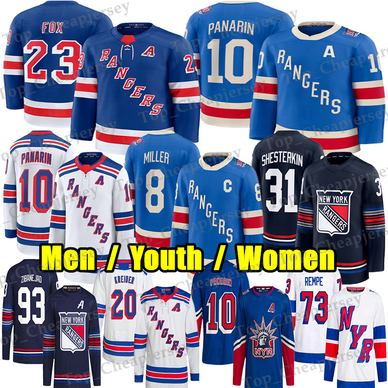 #10 Artemi Panarin NY Ranger hockey jersey #23 Adam Fox Igor Shesterkin Mika Zibanejadd Vincent Trocheck JT Miller Alexis Lafreniere Will Cuylle Matt Rempe jerseys