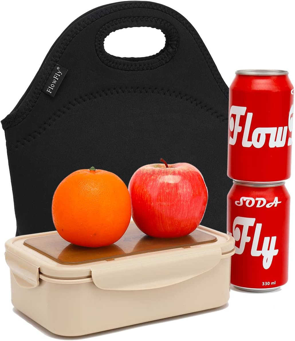 FlowFly Neoprene Lunch box Insulated Soft Bag Mini Cooler Thermal Meal Tote Kit for boys girlsMenWomenSchoolWork OfficeBlackZ250920