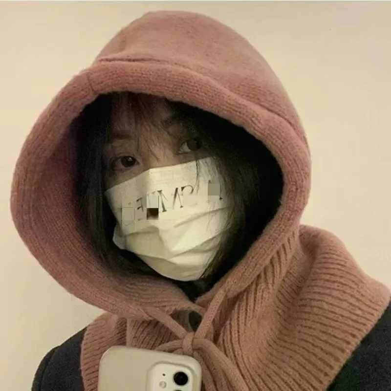 Korea Winter Hats and Scarf Set with Botton Scarf Balaclava Hat Warm Neck Set Wen Knitted Wool Pr Hat Gothic Y2k Y250920