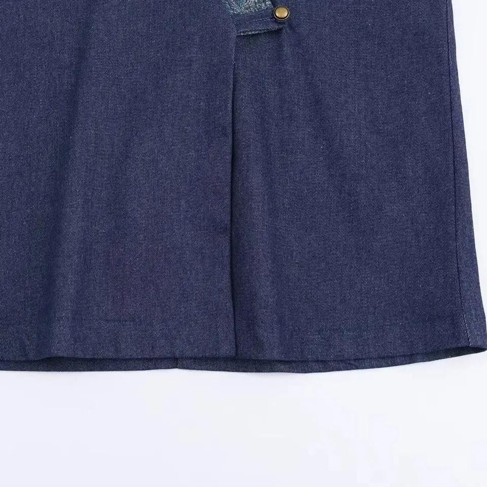 Autumn Deep Blue Contrast Color Kimono Denim Coat Women Ethnic Cross V neck Front Buttons Loose Jacket Outerwear 250923