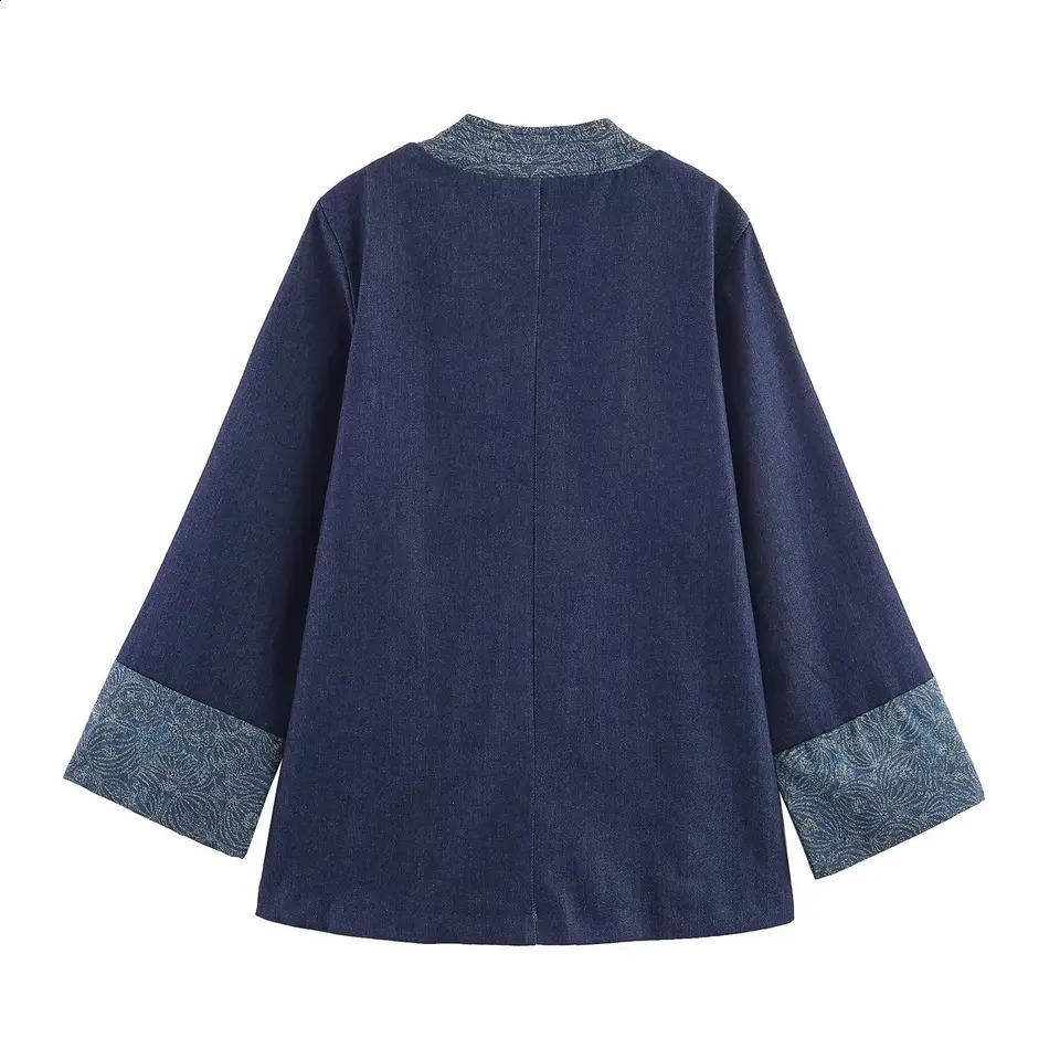 Autumn Deep Blue Contrast Color Kimono Denim Coat Women Ethnic Cross V neck Front Buttons Loose Jacket Outerwear 250923