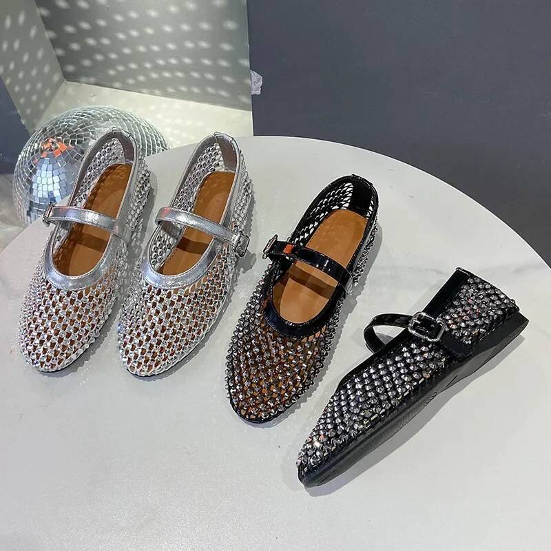 Crystal Rhinestone Fishnet Ballet Flats Woman Brand Design Rivet Mesh Mary Jane Shoes Ladies Summer Loafers Plus Size 44 ddmypanda
