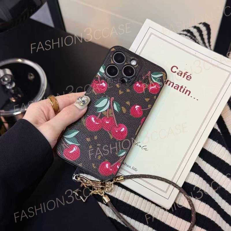 Cell Phone Cases designer For iPhone 16 Pro Max case 16pro 15 Plus 14 13 12 Brand Full Screen Cherry Hand Strap for Coverage Leather Texture Shockproof Protective A7SU
