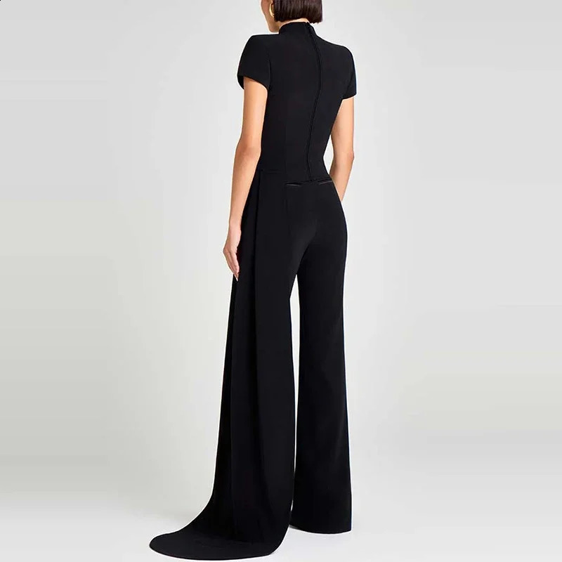 Women Elegant Commuting 2Pc Suit Fashion Stand Collar Solid Color Irregular Set Casual Short Sleeve Pullover Long Pant Outfits 250920