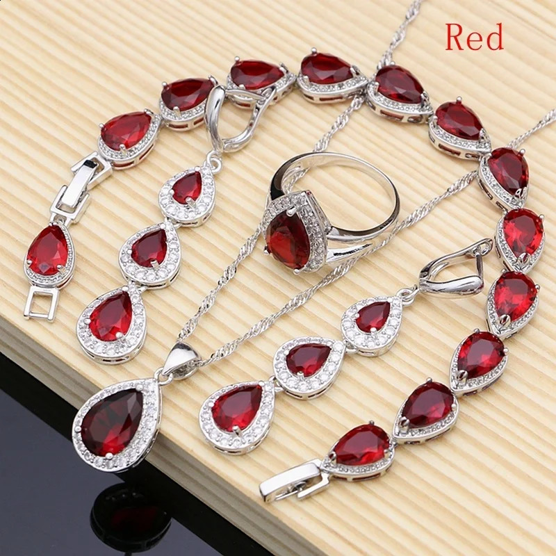Water Drop Silver 925 Jewelry Red Ruby White Topaz Jewelry Sets Women Long EarringsPendantNecklaceRingsBracelet Drop 250920