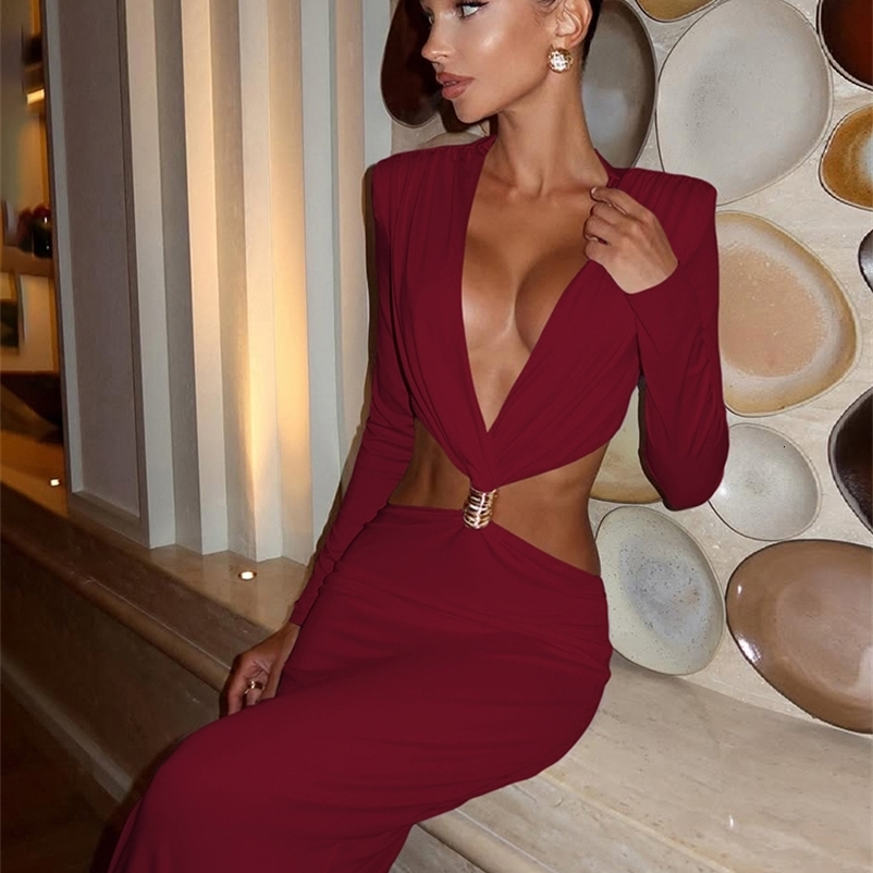 kliou Waistless Vneck Women Maxi Dresses Classic Elegant Lapel Full Sleeve Vneck Sheath Vestidos Female High Street Bodycon 250920