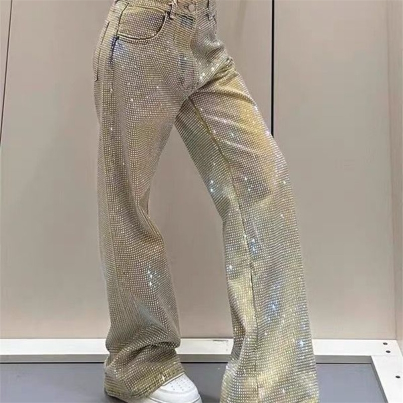 Chic Summer Spicy Girl Full Diamonds Beaded Jeans Women Starry Rhinestones Denim Pants Straight Wide Legs Crystal Cowboy Trouser 250920