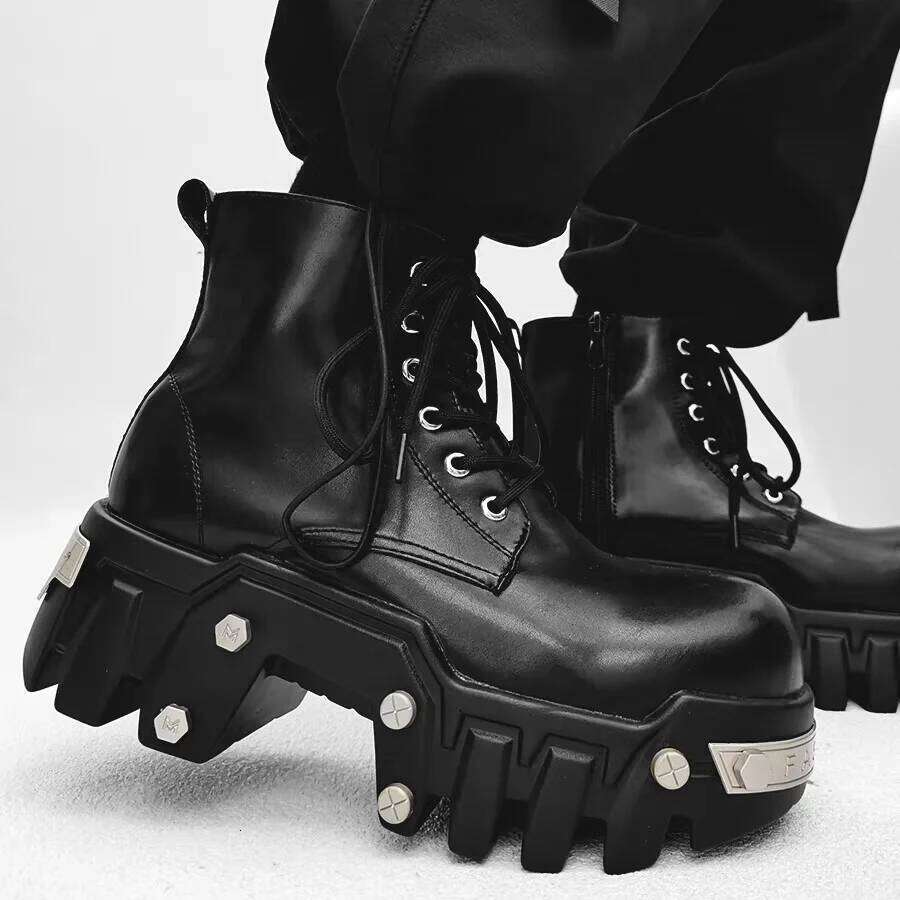 2025 New Trendy Heightening 8cm Bulldozer Men's Handsome British Style Platform Motorcycle Short Boots