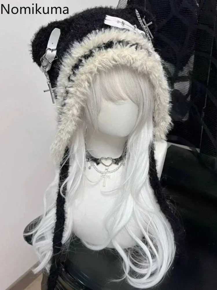 Harajuku Gothic Lolita Y2K Knitted Cat Ear Hat Wen Punk Designer Cross Bat Winter Black Beanie Cute Hat Fem Accories C Y250920