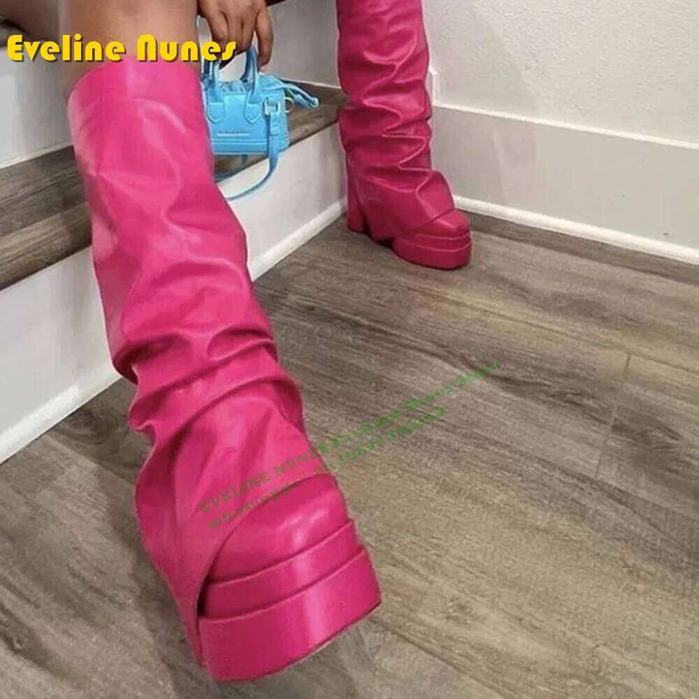 Wide Fit Overlay Chunky Heel Women Knee High Boots 2024 Winter Shoe Square Toe Solid Plus Size Pink Pull On Fashion Sexy Booties