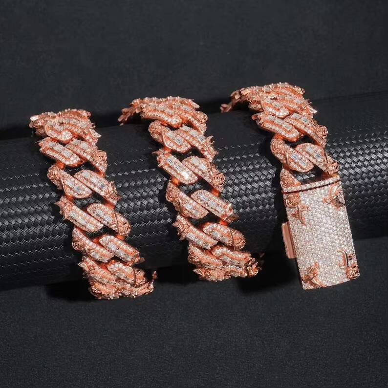 Iced Out Hiphop VVS Moissanite 20mm 925 Sterling Silver Baguette Stamped Customized Trend Cuban Link Chain