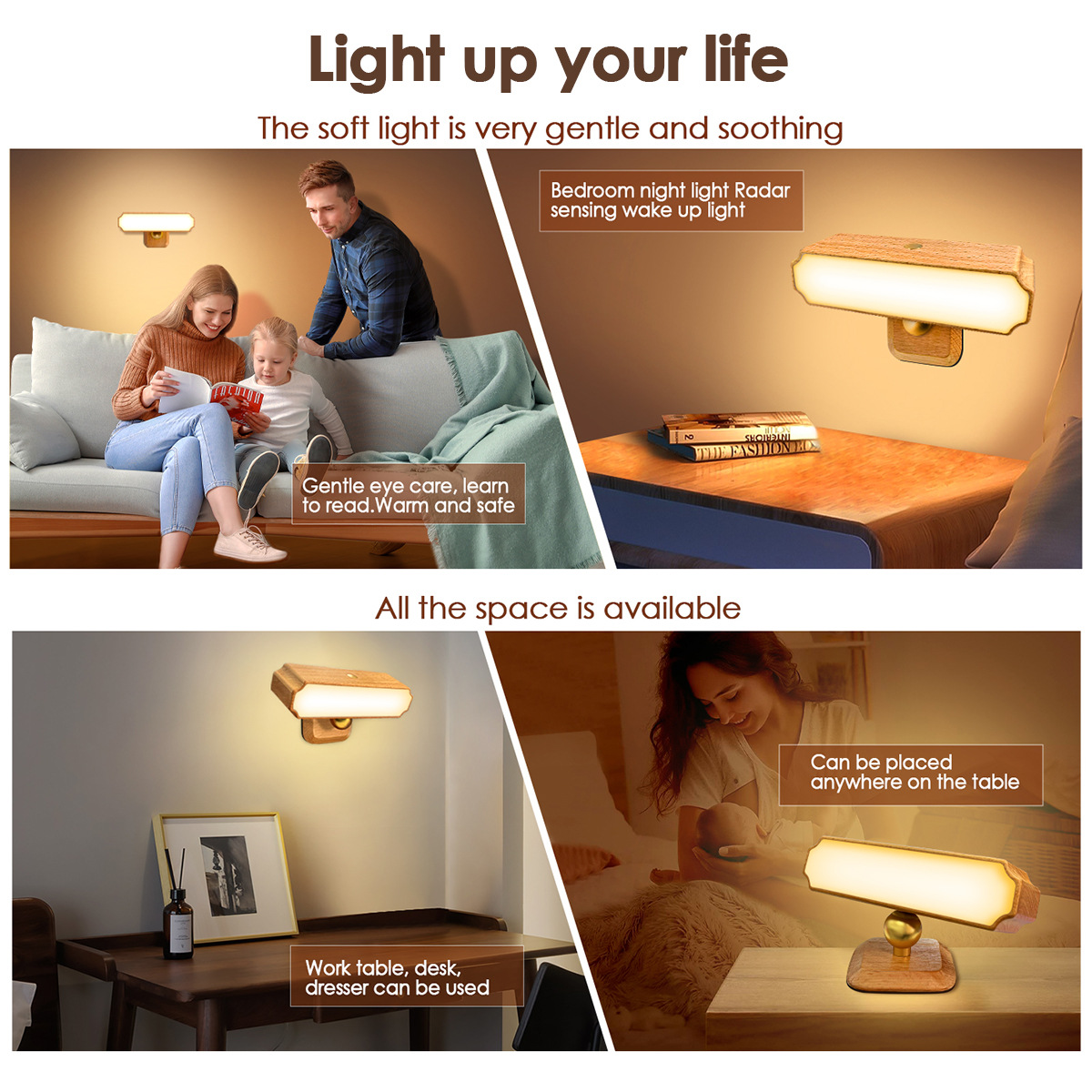 Solid Wood Night Light with Radar Sensor, Touch Control 3 Color Temperatures Dimmable USB Rechargeable Bedside Lamp for Bedroom Desk Nursery-HCP263