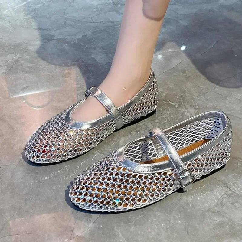 Crystal Rhinestone Fishnet Ballet Flats Woman Brand Design Rivet Mesh Mary Jane Shoes Ladies Summer Loafers Plus Size 44 ddmypanda