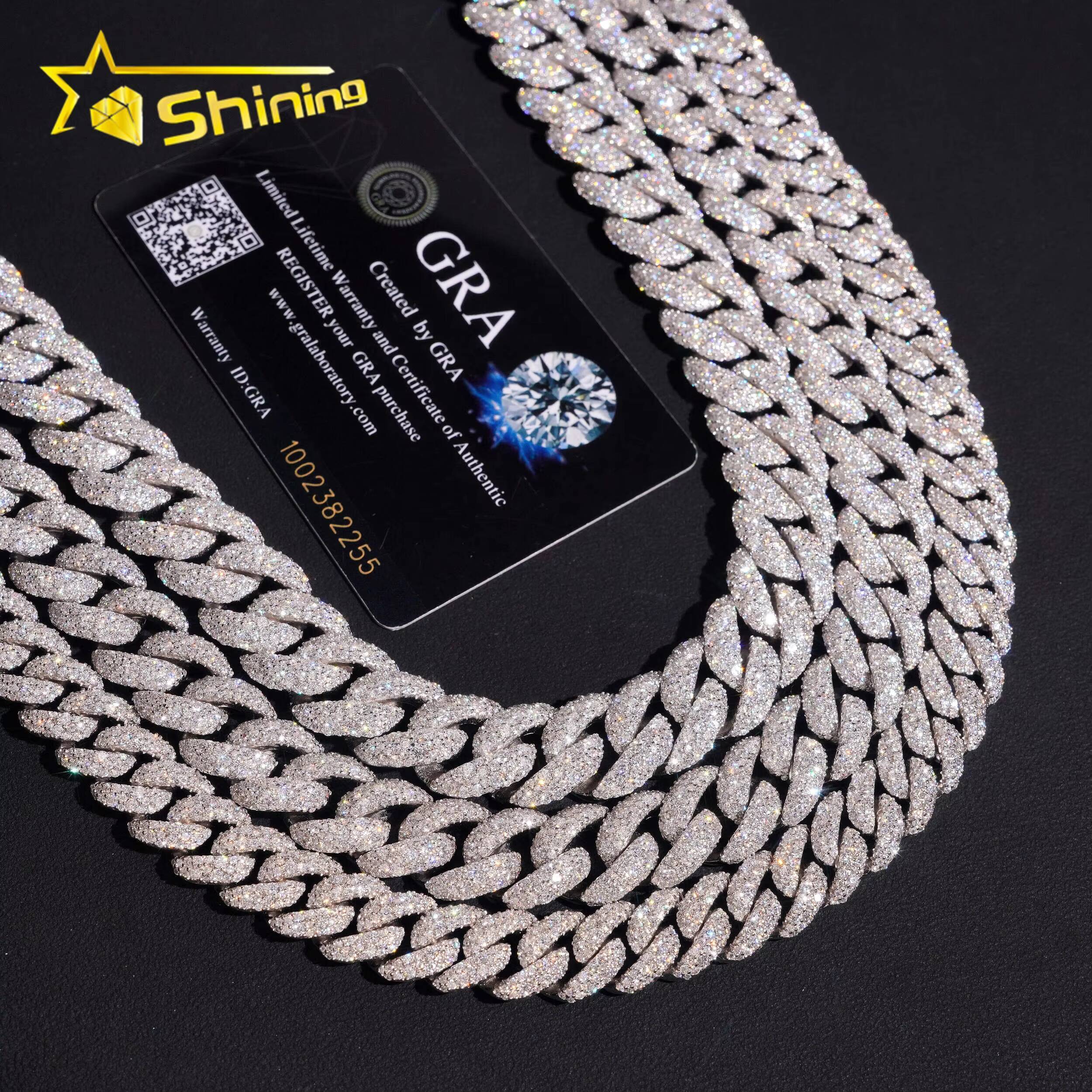 Hip Hop Jewelry 12mm 14mm 15mm Mosaic Setting Moissanite Diamond 925 Silver Cuban Link Chain